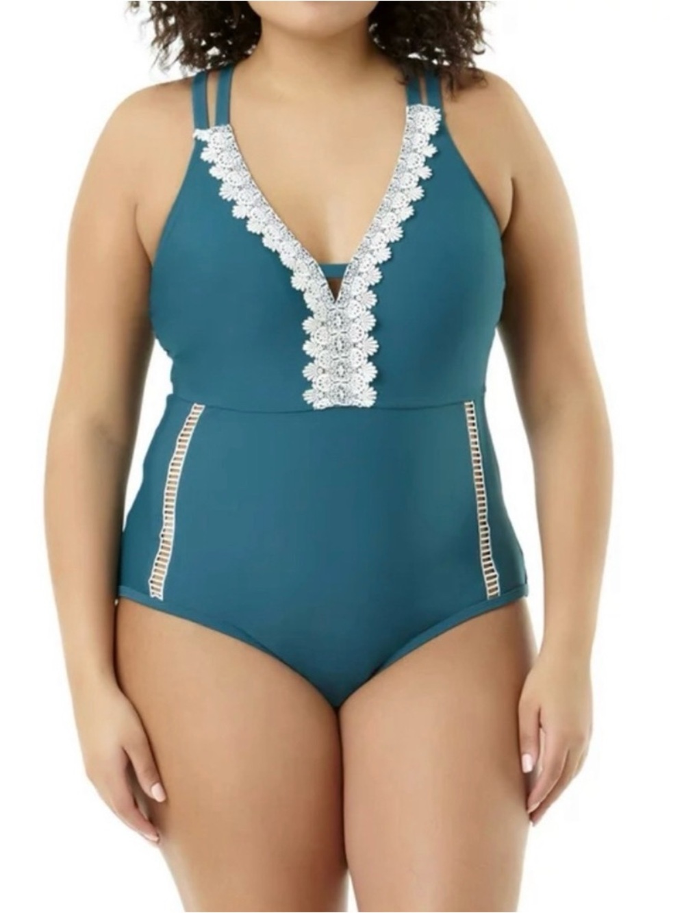 NWT Teal One Piece Swimsuit w/cream crochet details full coverage Size 3X 22/24